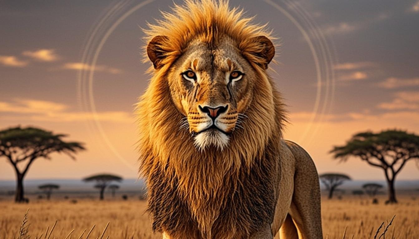 Lion doré stylisé, gardien royal de la savane sénégalaise